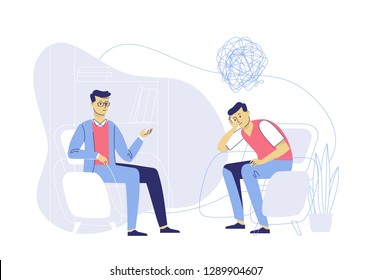 Psychotherapy counseling concept. Psychologist and young man patient in therapy session. Treatment of stress, addictions and mental problems.