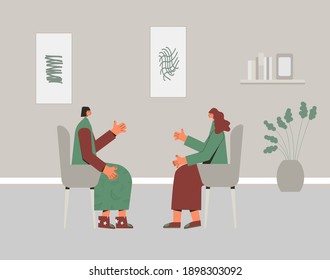 Psychotherapy. Counseling. Female patient with psychologist sitting and talking about depression, family problems, Professional support. Couch session. Mental health. Vector flat illustration.