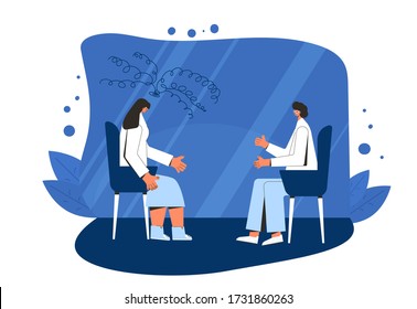 Psychotherapy. Counseling. Female patient with therapist sitting and talking about depression, family problems, Professional psychological support. Couch session. Vector flat illustration.