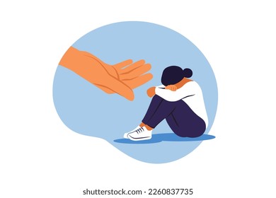 Psychotherapy, counseling and psychological support concept. Girl feeling anxiety and loneliness. Helping hand. Vector illustration.