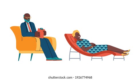 Psychotherapy counseling scene with black people, flat cartoon vector illustration isolated on white background. Psychologist african american man and his patient woman.