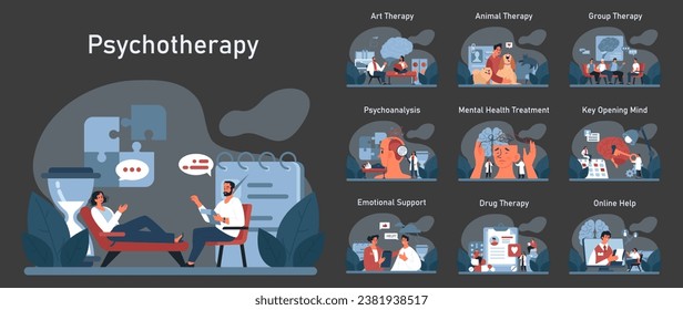 Psychotherapy dark or night mode set. Psychiatrist consulting a patient on mental health disorders. Thoughts and emotions analysis. Group, drug, art and animal therapy. Flat vector illustration