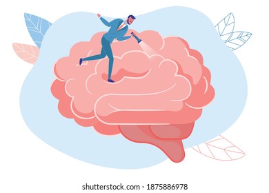 Psychotherapy Doctor Searching for Mind Problem, Mental Disorder Cause-and-Effect Relation. Psychologist with Flashlight Walking on Human Brain. Psychological Counseling. Vector Illustration