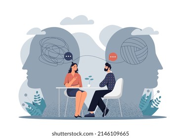 Psychotherapy Doctor Session. Man Listens To Girl, Psychodog With Patient. Mental Problems And Help. Uncertainties And Difficulties In Personal Life, Frustration. Cartoon Flat Vector Illustration