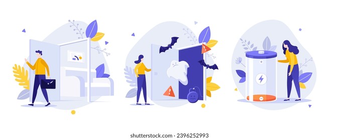 Psychotherapy for emotional problems concept vector illustrations set. Dealing with burnout and fears cartoon composition. Mental health and therapy idea for website, mobile, presentation