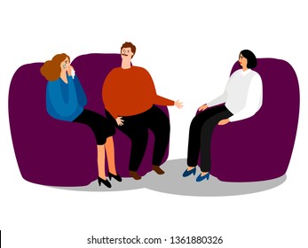 Psychotherapy. Family psychologist speaking with couple, family psychiatry concept vector illustration