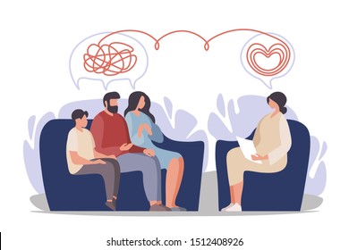 Psychotherapy. Family psychologist speaking with couple , family psychiatry  concept. Treatment of kid stress, addictions and mental problems. Vector illustration.