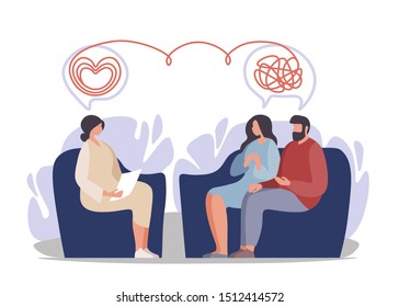 Psychotherapy. Family psychologist speaking with couple , family psychiatry  concept. Vector illustration.