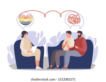 Psychotherapy. Family psychologist speaking with LGBT couple, family psychiatry  concept. Vector illustration.