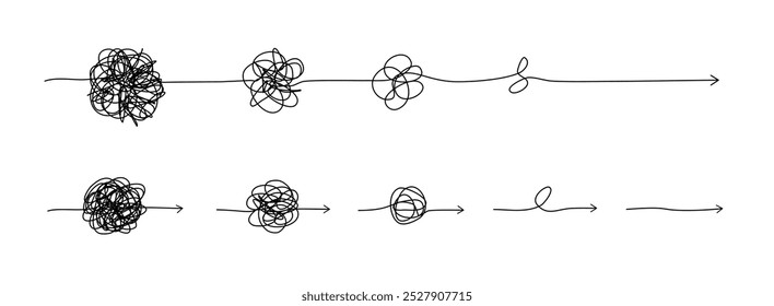 Psicoterapia desenhada à mão linha de conceito. Desvendando a linha de contorno do caos. Caminho plano confuso. Resolvendo um problema psicológico. Ilustração vetorial
