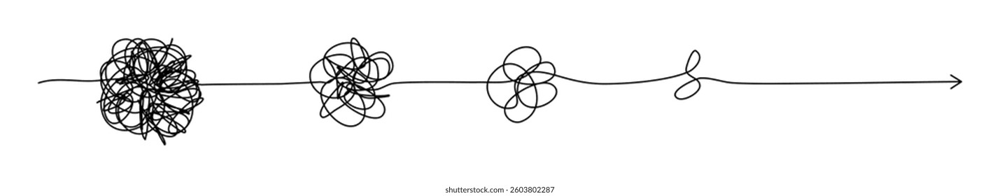 Psychotherapy hand drawn concept line. Unraveling chaos tannle line. Messy flat path. Solving a psychological problem. Vector illustration