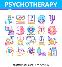 Psychotherapy Help Collection Icons Set Vector. Handshake And Brain, Psychotherapist And Patient, Psychotherapy Treatment Concept Linear Pictograms. Color Illustrations