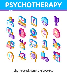 Psychotherapy Help Collection Icons Set Vector. Handshake And Brain, Psychotherapist And Patient, Psychotherapy Treatment Isometric Illustrations