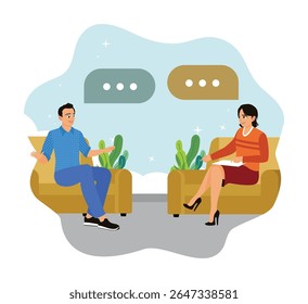 Psicoterapia ajuda conceito. O paciente fala com o psicoterapeuta na sala.