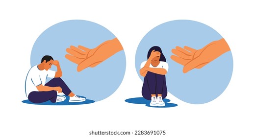 Psicoterapia, ayuda y apoyo, concepto de sesión de asesoramiento. Triste hombre y mujer recibiendo ayuda y cura del estrés. Ayudando. Ilustración vectorial.
