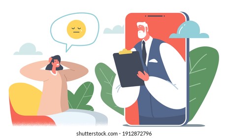 Psychotherapy Helpline, Online Consultation. Doctor Psychologist Character Listening Anxious Patient on Smartphone Screen Distant Conversation Solve Mind Problems. Cartoon People Vector Illustration