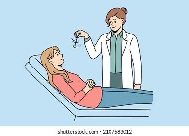 Psychotherapy and hypnosis method concept. Young woman doctor standing and making movement with special tool for getting patient into sleep vector illustration 