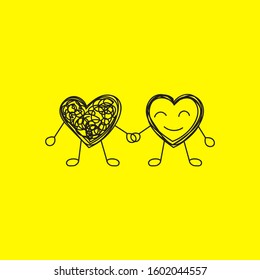 Psychotherapy icon, coach logo, two doodle hearts holding hands, help concept