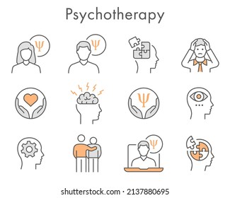 Psychotherapy icon set. Collection of mental, depression, emotion, doctor and more. Vector illustration. Editable Stroke.