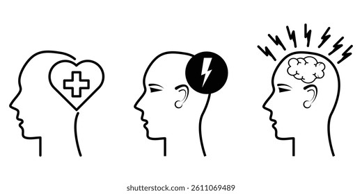 Psychotherapy icon set. Psychotherapy, neuro therapy sign with heart, energy, idea into human brain black flat and outlined symbol collection illustration.