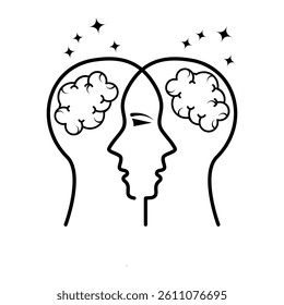 Psychotherapy icon set. Psychotherapy, neuro therapy sign with double head human brain, confusion, depression, illusion, mindfulness sign black flat and outlined symbol collection illustration.