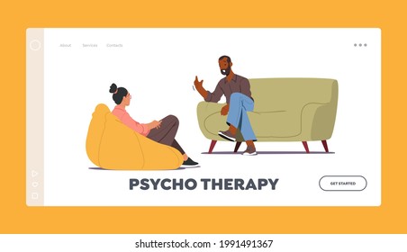 Psychotherapy Landing Page Template. Doctor Character Talking with Patient about Mind Health Problem. Depressed Man at Psychologist Appointment, Professional Help. Cartoon People Vector Illustration