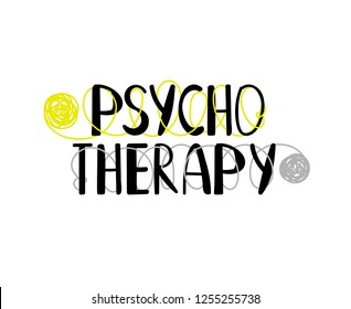 Psychotherapy logo lettiring with yarn balls on white background, vector illustration