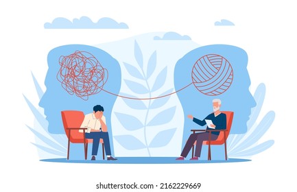 Psychotherapy. Man patient talks about his emotional problems to therapist, tangled lines above, depression treatment, psychological help, mental health vector cartoon flat style concept