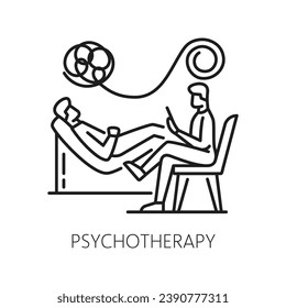 Psychotherapy, mental health icon. Human psychology, mental disorder problem and psychotherapy help thin line vector icon or pictogram with patient and doctor having conversation on therapy session