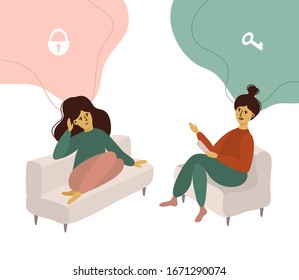 Psychotherapy, mental problem or depression treatment concept. Vector illustration of sad girl talking with psychologist. Psychology doctor looking for the key to locked mind of patient. Woman issues.