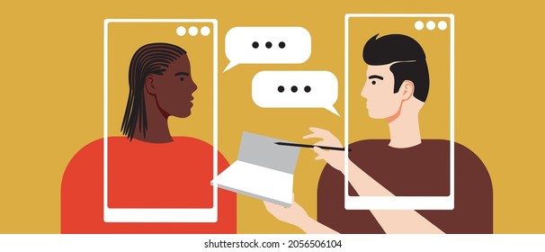Psychotherapy online, afro patient with a psychologist. Flat vector stock illustration. Online psychotherapy. Patient with black skin. Online psychologist. Psychologist and African man