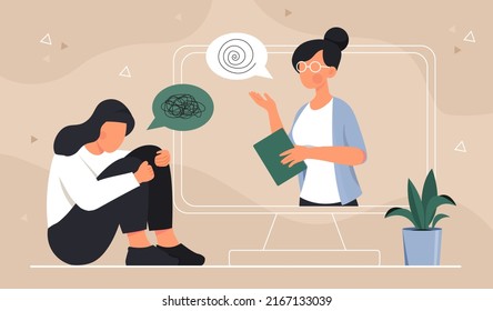 Psychotherapy online concept. Girl sitting and doctor in glasses giving lecture. Modern technologies and digital world. Mental health, problems and depression. Cartoon flat vector illustration