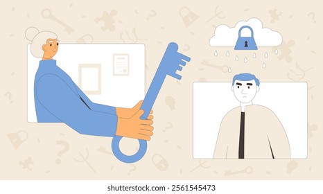 Psychotherapy. Online counseling session with psychiatric. Stressed character talking with psychologists. Key and lock mental health support metaphor. Vector concept outline flat illustration.