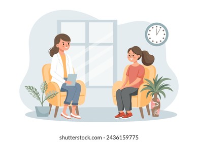 Psychotherapy online, girl talking to a psychologist on the screen. Mental health banner or landing page template. Illustration, vector