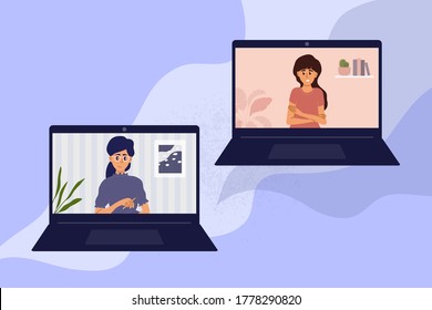 Psychotherapy online at home by laptop. Video call between psychologist and young woman. Sad girl talking to female doctor. Psychology internet session, health care, mental issue vector illustration