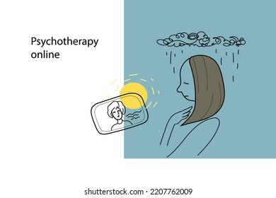 Psychotherapy online, Mental Health Awareness Week, Concept of support and aid for people under stress and depression over online services.