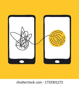 Psychotherapy, online psychiatrist consulting patient via smartphone, help of psychologist, business consulting, mental disorder treatment. Flat line vector illustration.