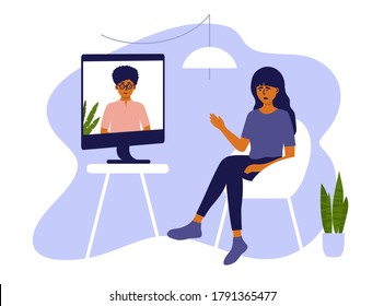 Psychotherapy online session or video call. Sad woman sitting on chair at home and talking to female psychologist on computer screen. Psychology internet consultation. Medical care vector illustration