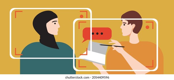 Psychotherapy Online, Woman Refugee. Flat Vector Stock Illustration. PTSD Treatment. Islamic Woman Migrant. Online Psychologist Consultation. Internet Video Call. Vector Graphics