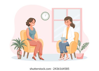 Psychotherapy online, a woman talking to a psychologist on the screen. Mental health banner or landing page template. Illustration, vector