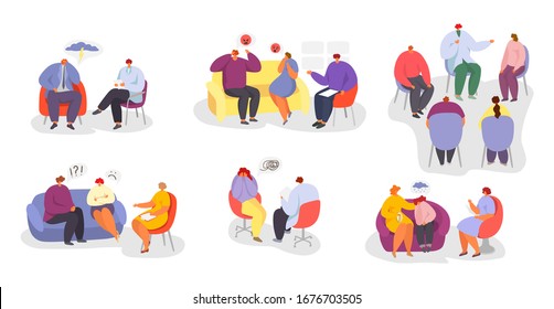 Psychotherapy, people at psychologist doctor consultation vector illustration isolated set collection. Individual, group psychotherapeutic sessions. Men, women, child, couples and families patients.