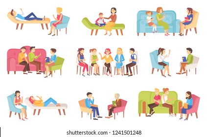 Psychotherapy people talking about problems with doctor vector. Family problems solving, mother and son, depressed lady crying, women discussing topic