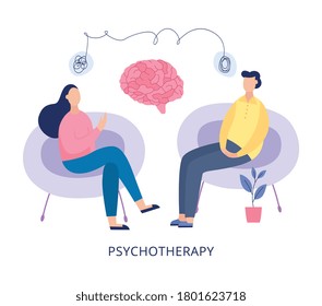 Psychotherapy poster - cartoon people at mental heath therapy session sitting on chairs and talking about problems and brain parts. Vector illustration of therapist office.