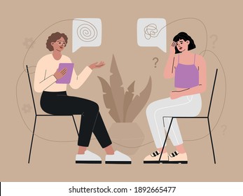 Concepto de práctica de psicoterapia. Paciente con depresión sentado y hablando con un psicólogo. Problema y trastorno de la salud mental, ayuda psicológica, ilustración vectorial de moda al estilo de caja plana