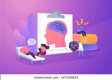 Psychotherapy practice, psychiatrist consulting patient. Mental disorder treatment. Psychologist service, private counseling, family psychology concept. Vector isolated concept creative illustration