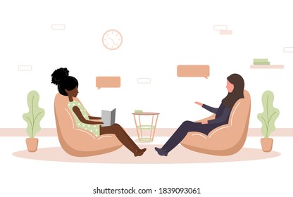 Psychotherapy practice and psychological help. African woman supports arab female with psychological problems. Therapy and counselling for people under stress and depression. Vector in flat style