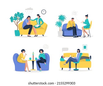 Psychotherapy practice set. Psychologist and patient. Psychological help, consultation. mental health. Vector flat illustration