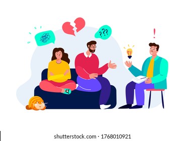 Psychotherapy Practice,Psychiatrist Consultation.Worried Sad Dissapointed Couple,Man And Woman On Psychologist Session. Difficult Relationships. Family Crisis Treatment. Psychology Vector Illustration