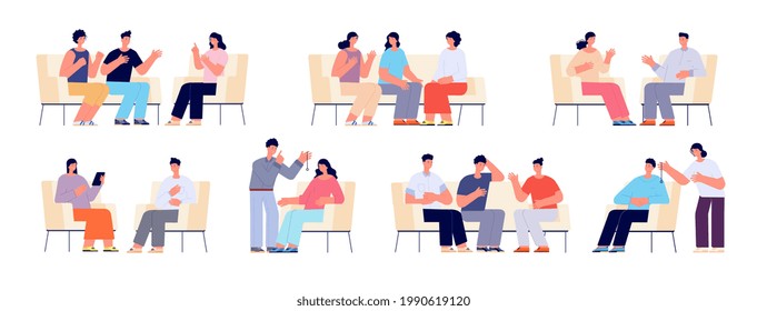 Psychotherapy. Professional therapy, cartoon woman on psychology training. Isolated support group, people with coach and family help utter vector set