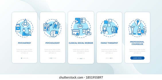 Psychotherapy professions onboarding mobile app page screen with concepts. Psychologist, family counselor walkthrough 5 steps graphic instructions. UI vector template with RGB color illustrations